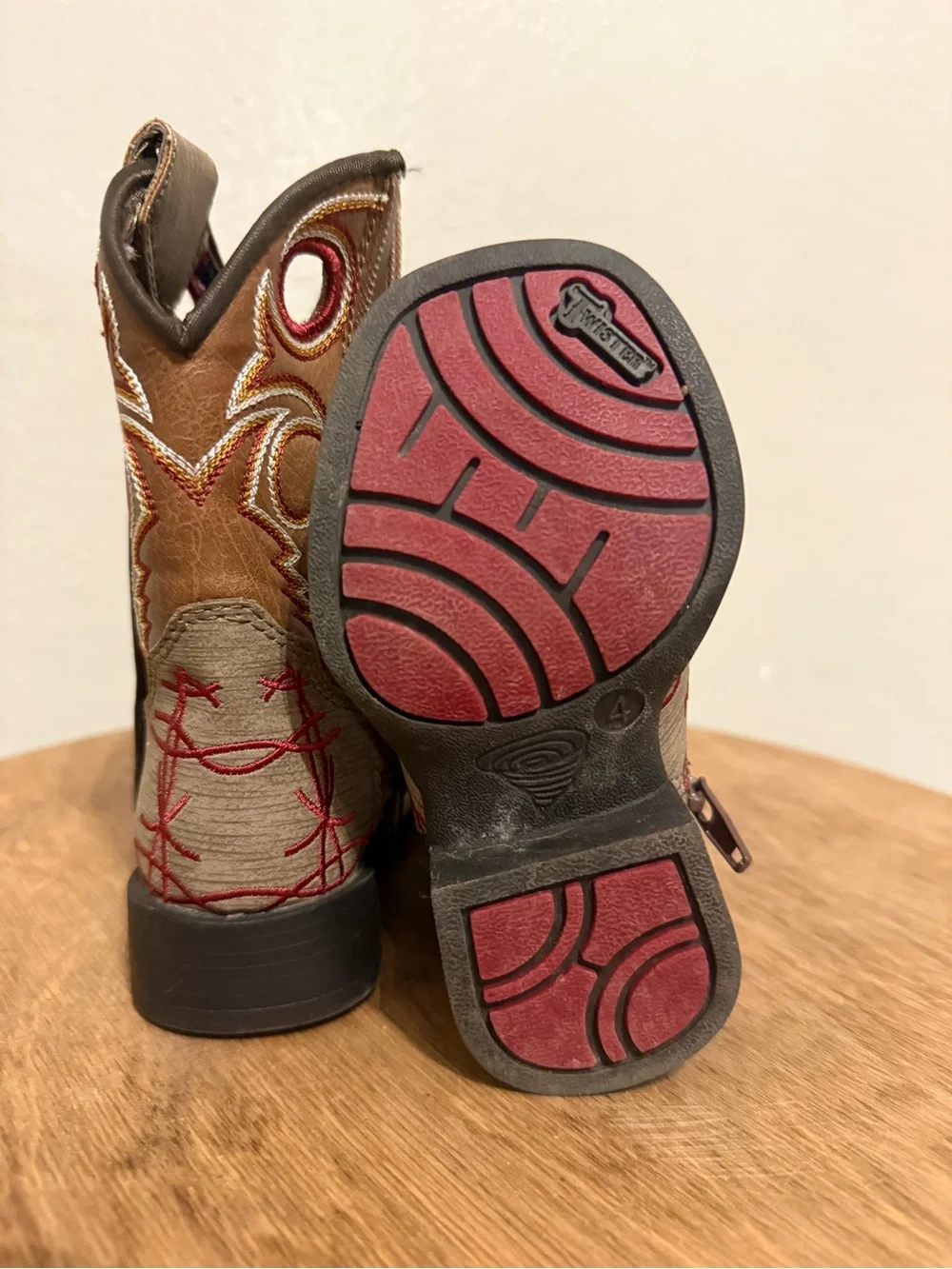 Twister Kids Brown & Tan Cowboy Boots with Red Stitching